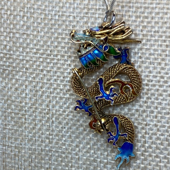 Antique CHINESE DRAGON Gold Gilt 925 Sterling Silver Cloisonné Brooch/Pendant. - Picture 7 of 15